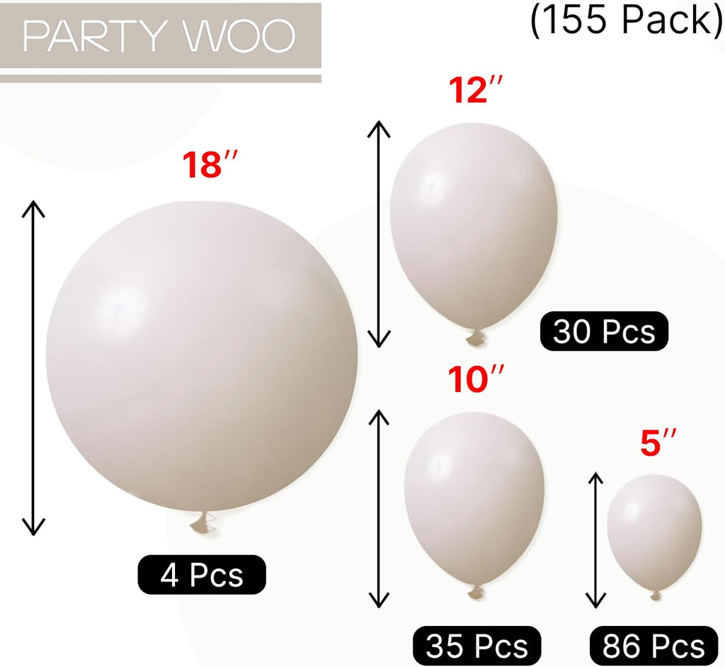 PartyWoo White Sand Balloon Arch Kit - 155pcs in 5-18 Inch Sizes | Elegant Off-White & Beige Decor for Weddings & Baby Showers