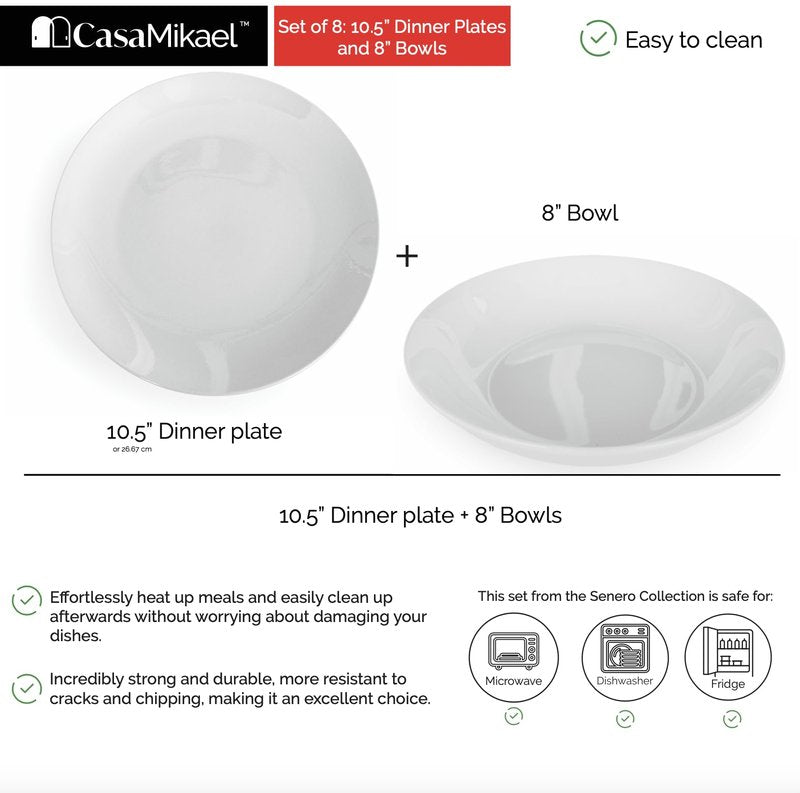 CasaMikael™ - Set of 8 – (4) 10.5" Dinner Plates + (4) 8″ White Porcelain Dinner Plates – SERENO COLLECTION