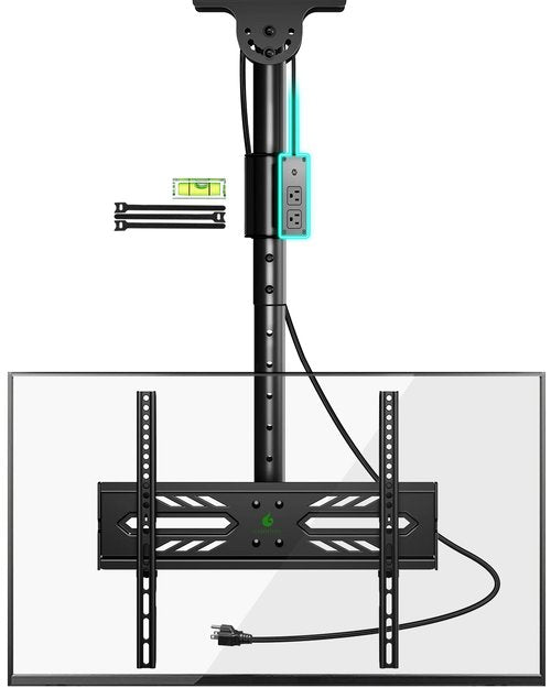 Greenstell Ceiling TV Mount with Power Outlet, TV Mount for 26-65 inch TVs, Ceiling Mount with 900J Surge Protection, Swivel, Tilt and 6 Height Adjustable, Max VESA 400x400mm, Holds up to 110Lbs