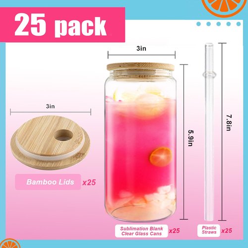 Kocdam Sublimation Glass Cups Blanks with Bamboo Lids and Straws 25 Set 16 oz Reusable Iced Coffee Cup Beer Can Drinking Glasses, Cute Tumbler Cup for Smoothie Whiskey Boba Soda Tea Water