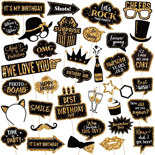 36-Piece Gold and Black Birthday Photo Booth Props Kit
