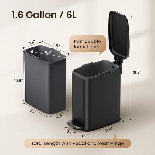 Cesun Stainless Steel Small Bathroom Trash Can - 6L Soft Close Lid, Foot Pedal & Removable Inner Bucket | Black