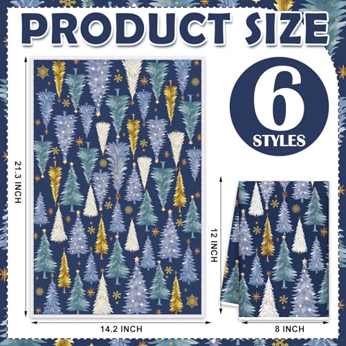 Oudain 6 Pcs Blue Christmas Kitchen Towels - Winter Dish Towel Set