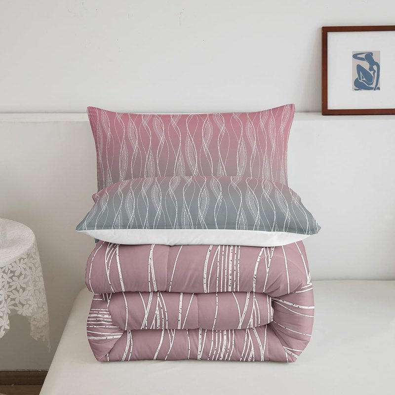 Erosebridal Pink Grey Girls Twin Comforter Set Kids Abstract Ombre Comforter Light Pink Gray Gradient Bedding Set Geometric Silver Striped Quilt Set Girly Sweet Bedroom Decor 2 Pcs