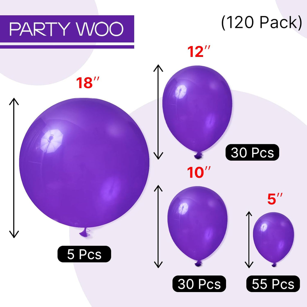 PartyWoo Dark Purple Balloons - 120-Piece Balloon Arch Kit | 18", 12", 10", 5" Sizes for Celebrations