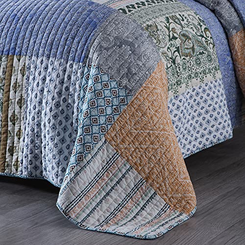 Cotton Bedspread Set - Queen Size Reversible Blue Floral Quilt