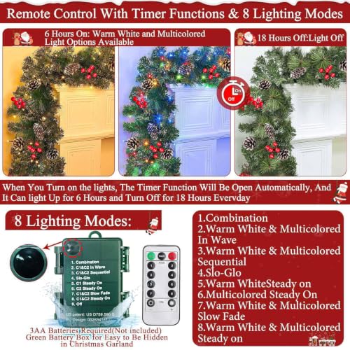 TURNMEON 18 Ft Prelit Christmas Garland with Remote Control & 8 Lighting Modes