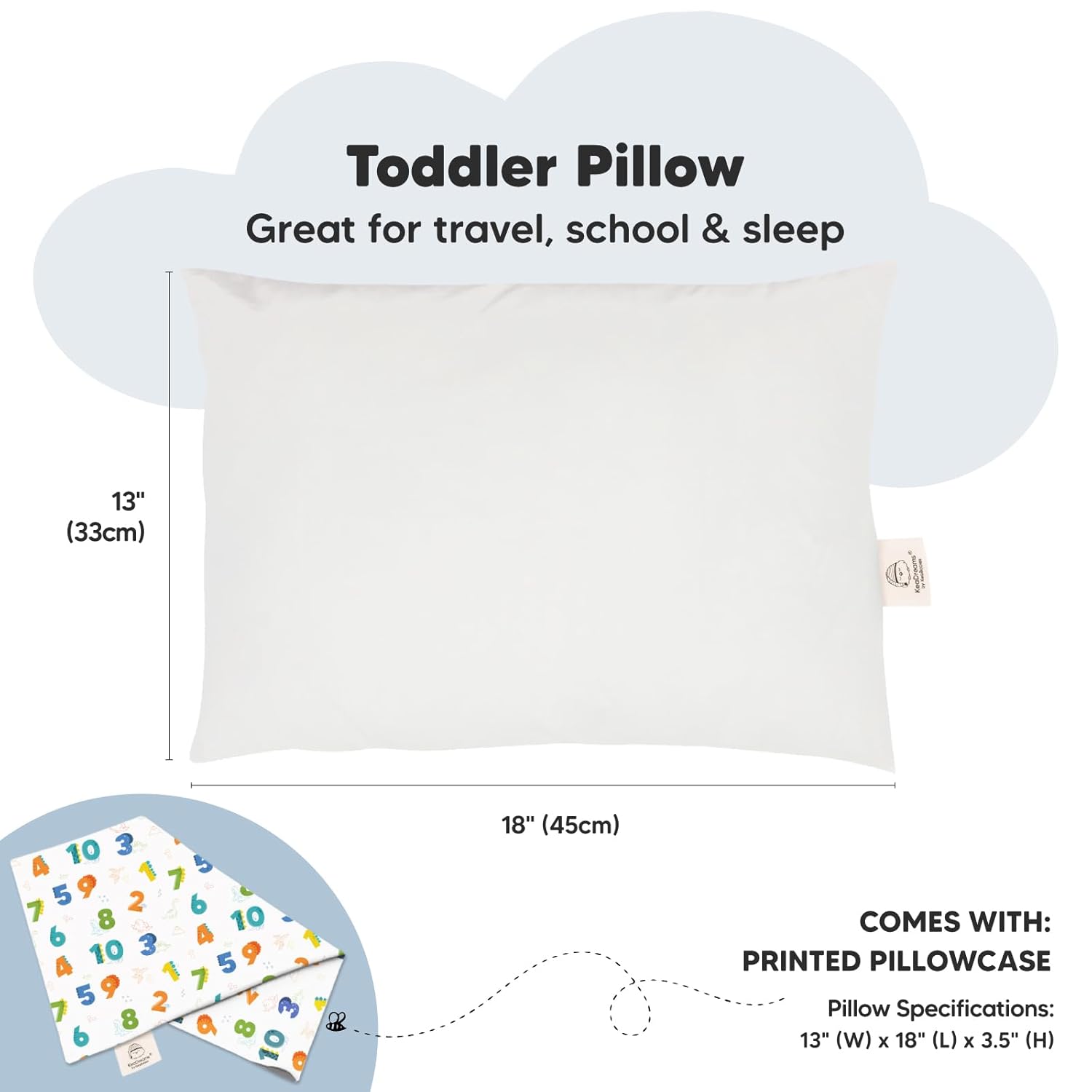 My Little Dreamy Toddler Pillow - 13x18 Organic Cotton Travel Pillowcase, Soft & Breathable for Ages 2-5