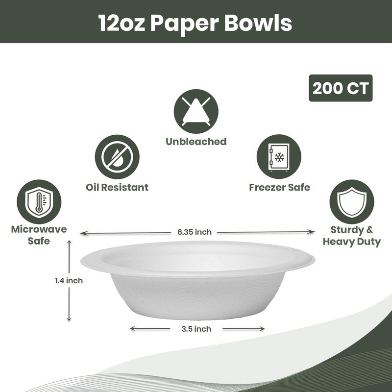 FPN Disposable Paper Bowls (500 Pack 12 oz), Heavy-Duty Compostable, Eco-Friendly, Bagasse Bowl for Soup, Salad, Dessert & More