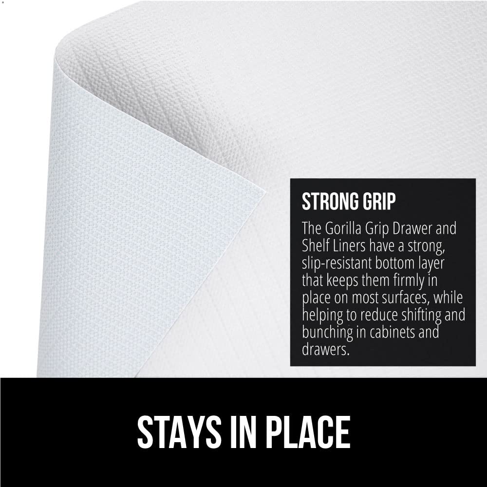 GORILLA GRIP DripGuard Shelf Liner, Non-Adhesive Drawer and Kitchen Cabinet Protector, 20x240 Inch, Strong Grip Slip Resistant Underside, Smooth Surface Liners for Cabinets, Bathrooms, Closets, White