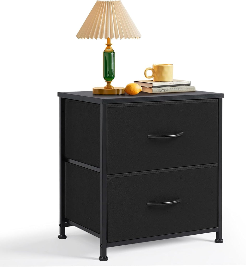 Nightstand | Small 2-Drawer Dresser by [Brand Name] - Stylish Wooden Top & Fabric Bins, Black, 11.8" D x 18" W x 20" H