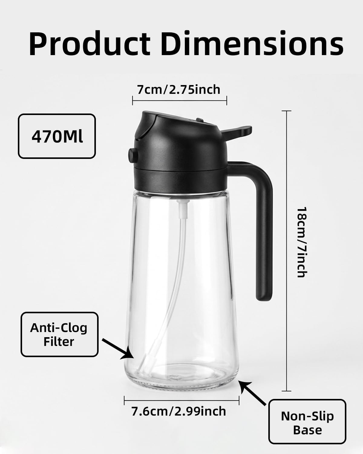 Skiennix 16oz Oil Sprayer - 2-in-1 Food Grade Glass Dispenser for Cooking & BBQ (Black)