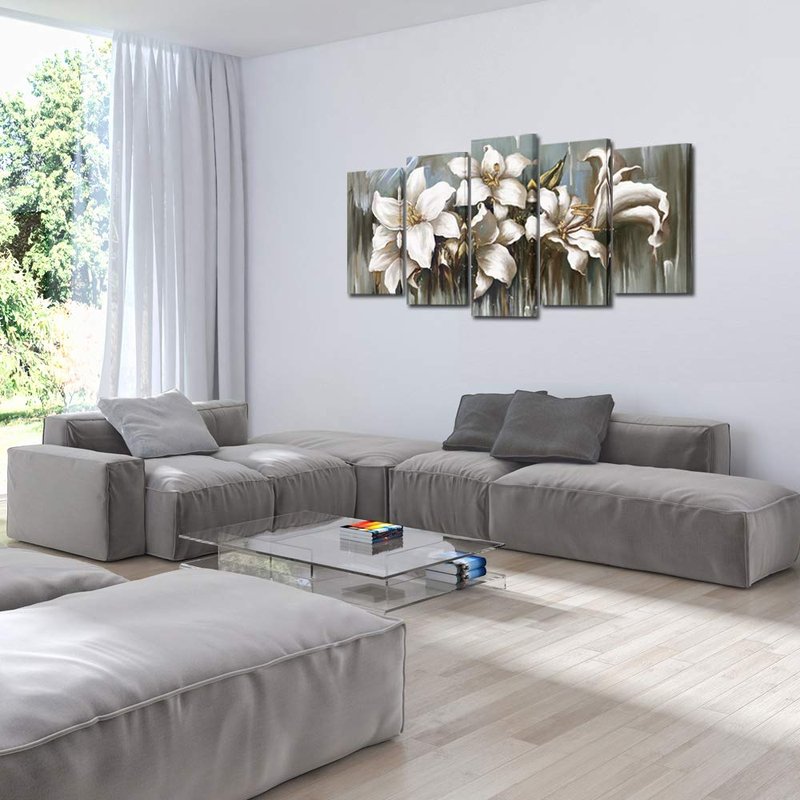 KREATIVE ARTS 5 Panel Flowers Canvas Wall Art Modern Wrapped Floral Artwork Giclee Canvas Prints White and Grey Tulip Paintings on Canvas Ready to Hang for Living Room (Large Size 60x32inch)