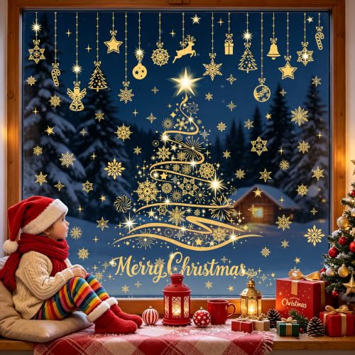 Joeyan Gold Christmas Tree Window Clings - Large Holiday Decor, 9 Sheets