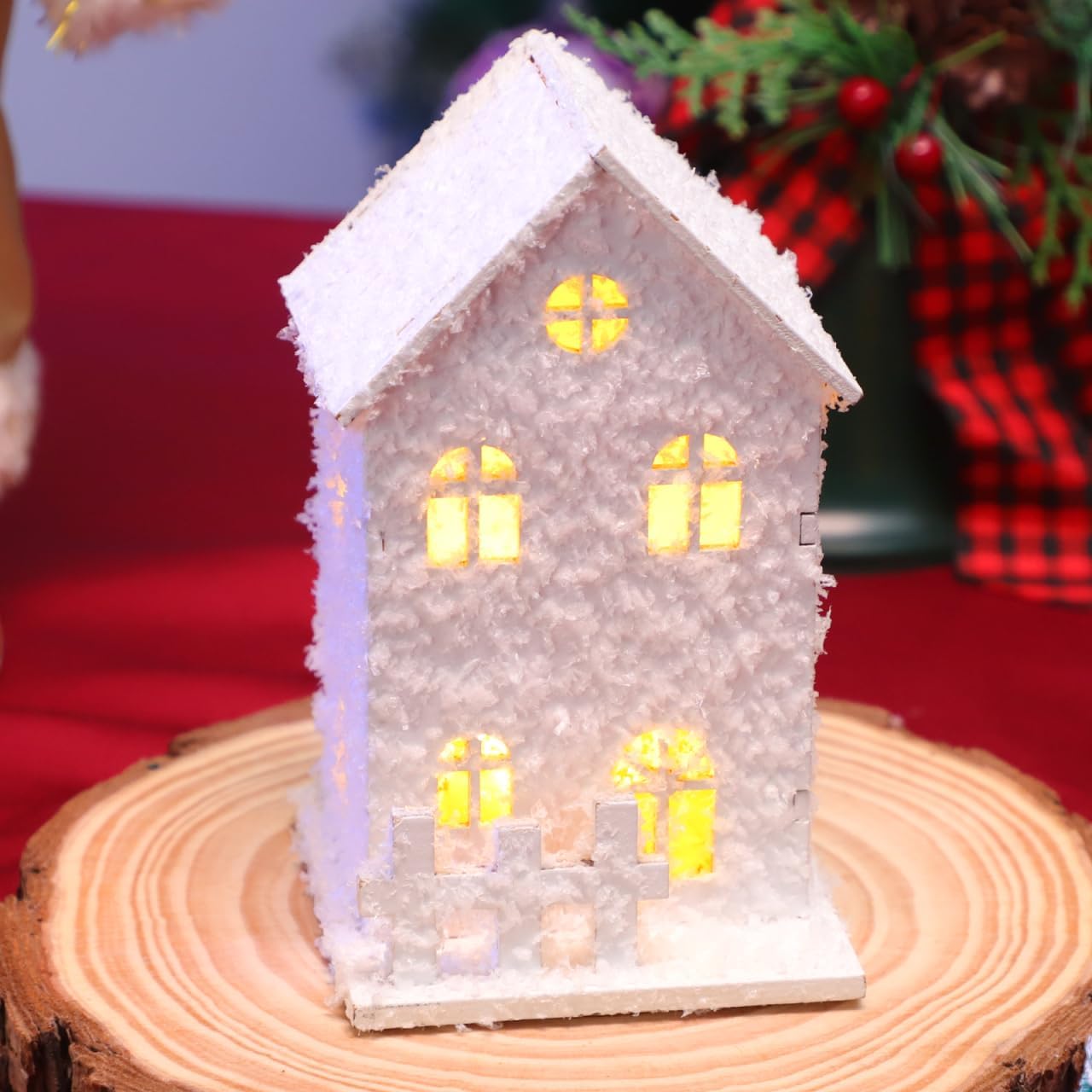 TOYANDONA LED Lighted Christmas Village Houses - 3-Piece Wooden Tabletop Decor Set