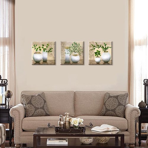 3 Piece Wall Art for Living Room, SZ Elegant Canvas Painting Prints of Green Spring Plants in White Vases on Beige/Tan Picture (Waterproof Decor, 1" Thick, Bracket Mounted Ready to Hang, Large)
