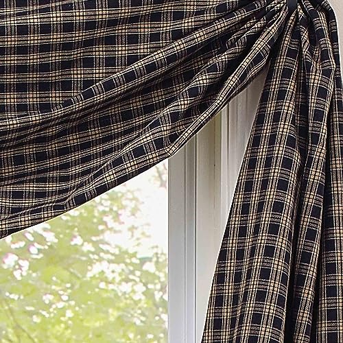 Fishtail Swag Window Scarf 145" x 25" Black and Tan Plaid Cotton Topper
