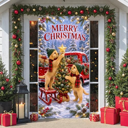 Siglowvix Dog Themed Merry Christmas Golden Retriever Door Banner 35x71 In Holiday Decor