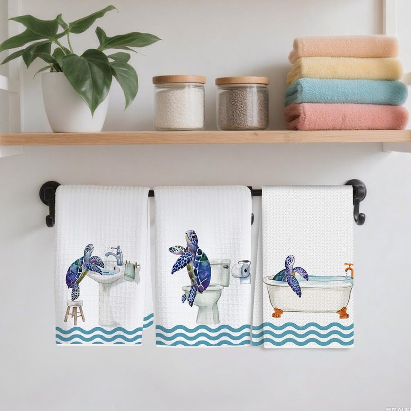 XFN 3 Pcs Sea Turtle Hand Towels for Bathrooms 24x14 Inch, Toilet Bowl Bathtub Microfiber Kitchen Towels, Tortoise Waffle Weave Hand Tea Towel for Home Bathroom Decor, Sea Turtle Gifts for Women