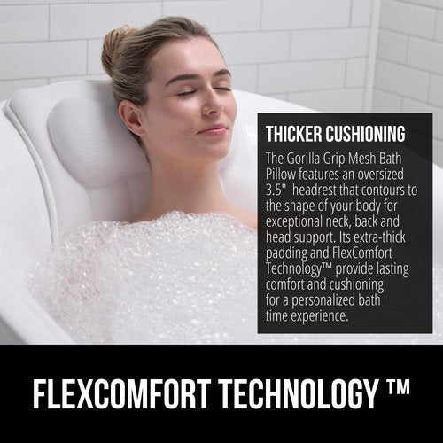 GORILLA GRIP Bath Pillow - 4D Mesh FlexComfort Headrest with 6 Strong Suction Cups | Luxury Machine Washable, White