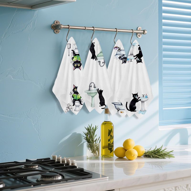 Hanamiya Na 4 Pcs Funny Cat Hand Towel for Bathroom 24x14 Inch, Funny Absorbent Microfiber Dish Cloth Towel, Waffle Weave Hand Towels for Toilet Home Cats Bathroom Decor, Cat Lover Gifts