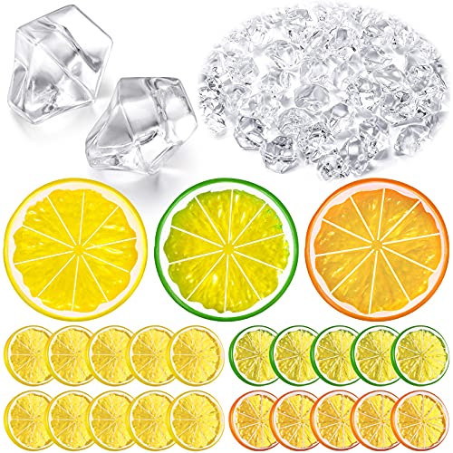 300 Pcs Clear Fake Crushed Ice Cubes & 20 Pcs Lemon Slices Decor