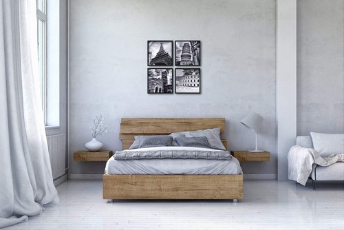 Wieco Art Framed Wall Art Architectures Modern 4 Panels Giclee Canvas Prints Europe Buildings Black and White Landscape Canvas Wall Art Black Picture Frames for Home Office Decorations