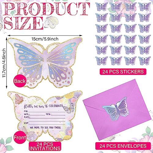 24-Pack Butterfly Birthday Party Invitations with Envelopes and Stickers