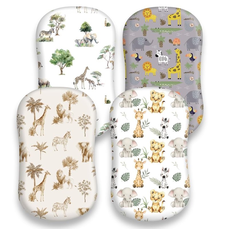 4 Pack Safari Jungle Animals Neutral Unisex Fitted Nursery Baby Sheets Set Toddler Mattress Sheets for Baby Boys or Girls (Bassinet Sheets)