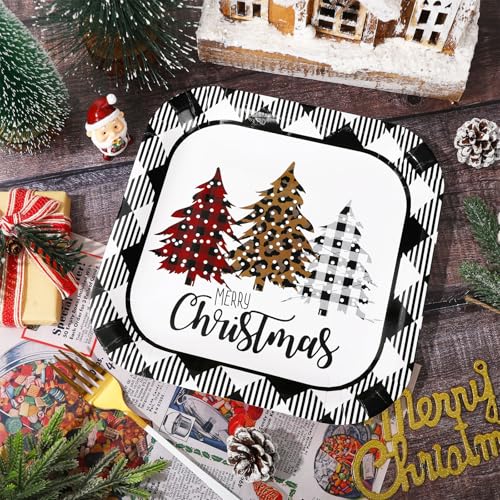 Whaline Christmas Plaid Tree Square Paper Plates 9 Inch - Holiday Party Supplies