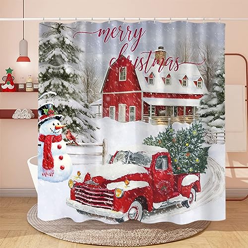Sanzugh Farmhouse Christmas Shower Curtain Grey 72x78 - Winter Truck Tree Snowman