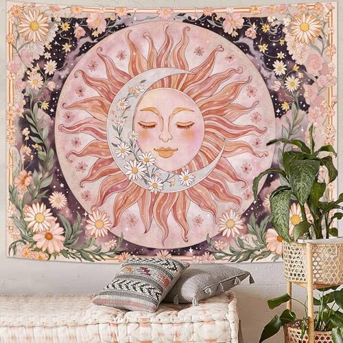 Sun Moon Daisy Wall Tapestry - Pink Boho Floral Aesthetic Decor (36x48 In)