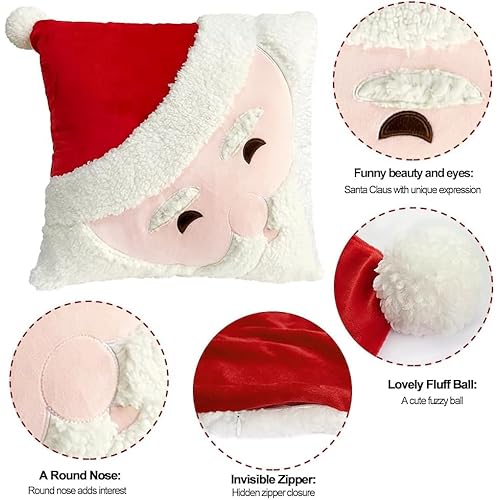 2Pcs Christmas Pillow Covers 18x18 Inch - Santa Claus Theme Square 3D Embroidered Velvet Pillowcases, Fun Winter Indoor Decoration for Bed and Sofa