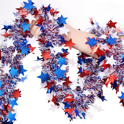 50ft Patriotic 4th of July Tinsel Garland - Red White & Blue Star Decor