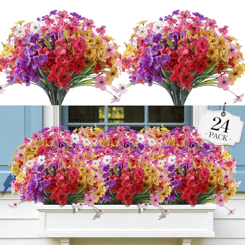 UV-Resistant Outdoor Artificial Flowers - 24 Bundles Faux Plants for Porch