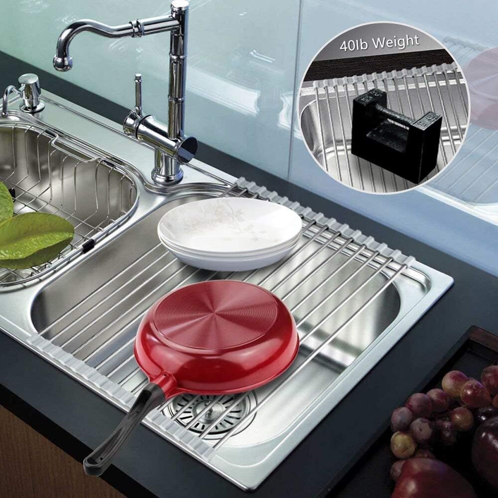 Skiennix Roll-Up Dish Drying Rack - 304 Stainless Steel, Foldable & Easy to Store | 17" x 13.5" - Black