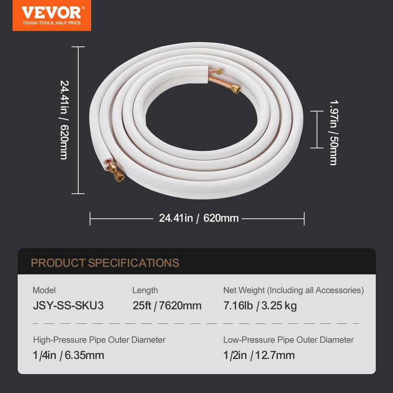 VEVOR 25FT Mini Split Line Set, 1/4" & 1/2" OD Copper Pipes, Triple-Layer Insulated Refrigerant Tubing with Wrapping Strips for HVAC AC Heat Pump