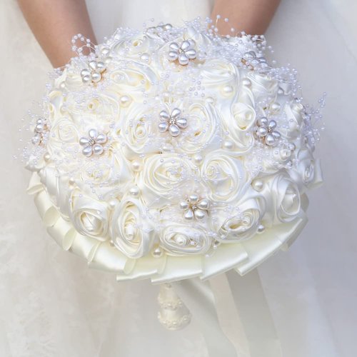 Gkvszy Ivory Bridal Wedding Bouquet Handmade with Rhinestone Pearl Ribbon Satin Rose Flower Bouquet for Bride Bridesmaid Quinceanera Bouquet Wedding Ivory 8.7in