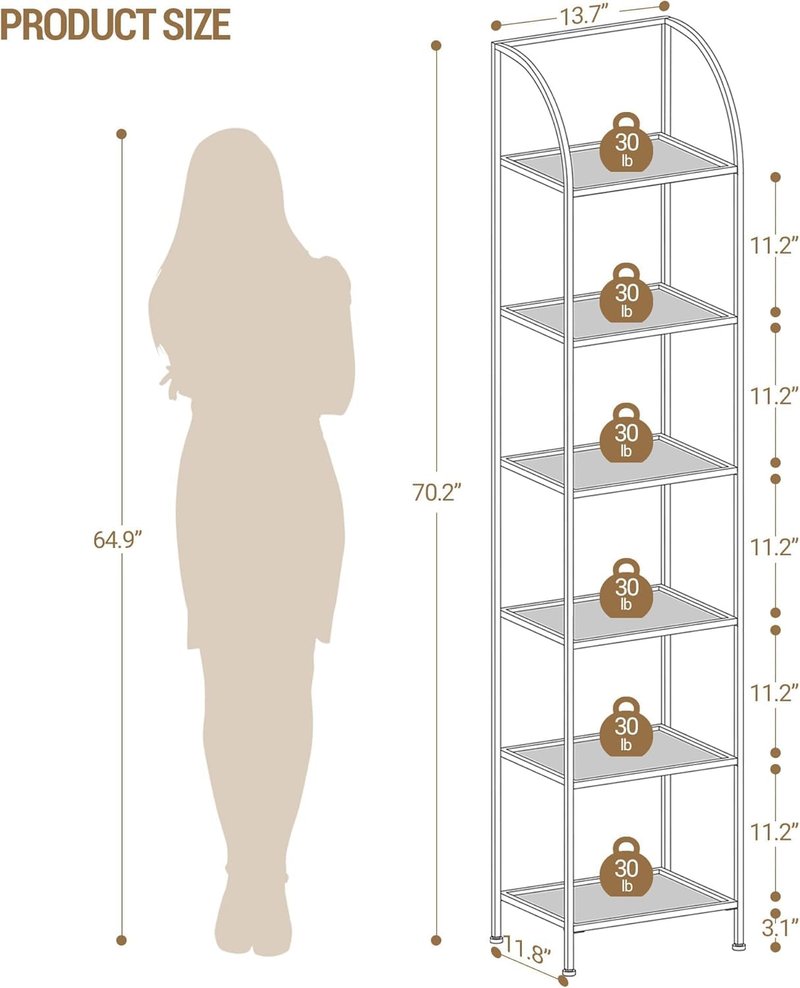 Hzuaneri Bookcase Bookshelf, Tempered Glass Arched Bookshelf for More Storage, Slim Shelving Unit for Bedroom, Bathroom, Home Office, Steel Frame, 6 Tier Gold BC20699G