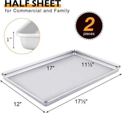 HONGBAKE Half Baking Sheet Pan Set - Nonstick Heavy Duty Cookie Trays, Dishwasher Safe | 2 Pack, Silver