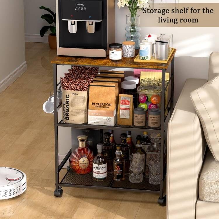 3-Tier Rolling Kitchen Microwave Cart with Lockable Wheels & Hooks