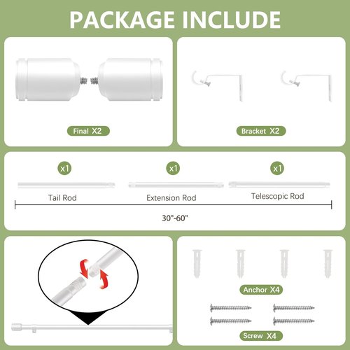 Adjustable 5/8” Diameter Curtain Rods by [Brand Name] | 30-60 Inch for 30-54 Inch Windows - White with Brackets