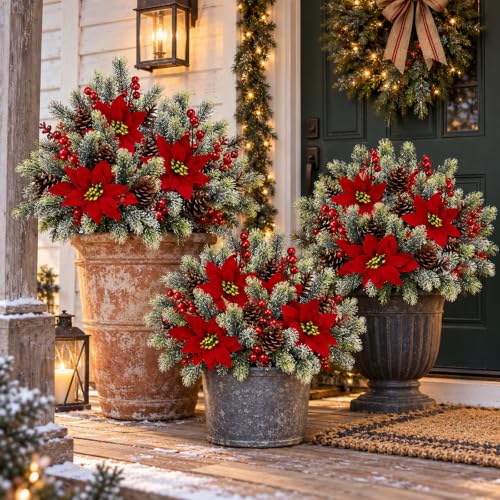 Yuxung 4 Poinsettias Artificial Christmas Flowers for Outdoor Porch
