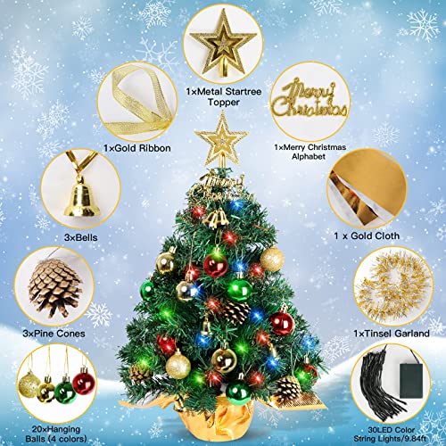 22-Inch Pre-Lit Mini Tabletop Christmas Tree with Ornaments & LED Lights