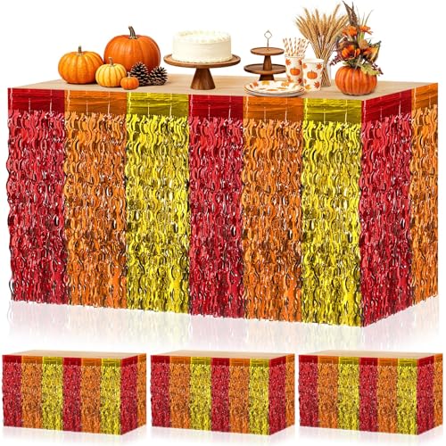 DTOFOOT Fall Style 4 Pack Metallic Table Skirts – Wavy Fringe Thanksgiving Decorations