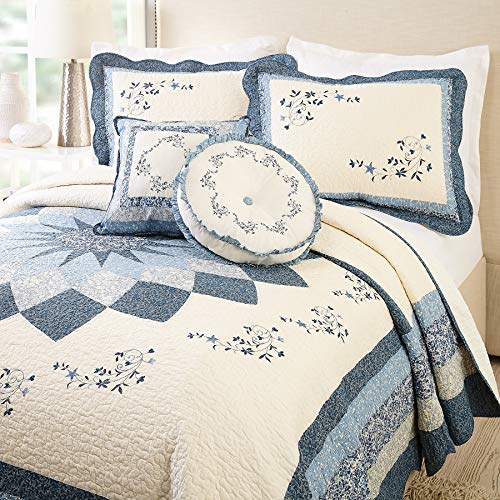 Blue Floral Quilted Bedspread - Lightweight Cotton Queen Bedding