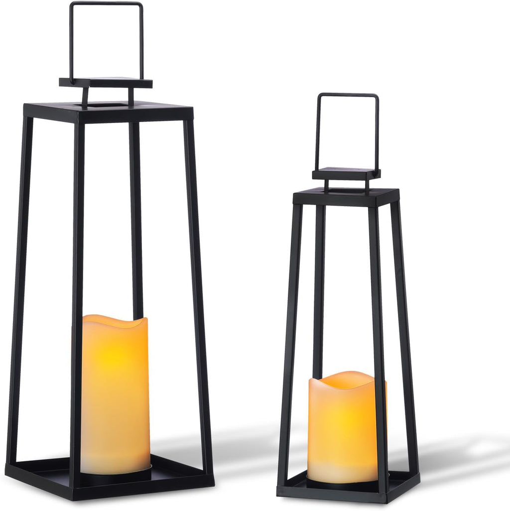 Skiennix Solar Lanterns - Decorative Outdoor Set of 2 | Modern Black Metal with Solar Candles (18’’ & 15’’)