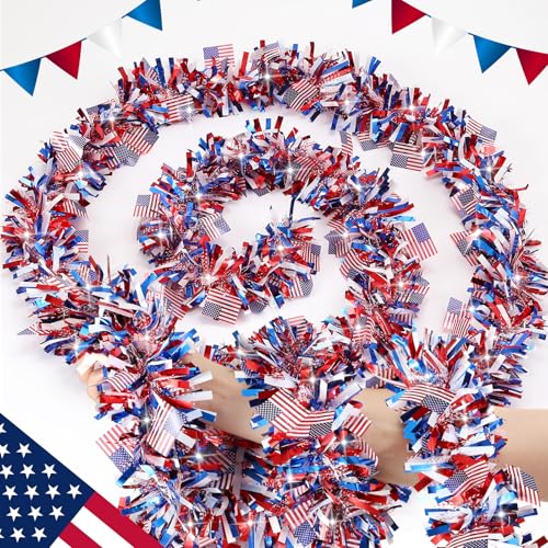 50 FT Patriotic Tinsel Garland - Red White & Blue 4th of July Decor