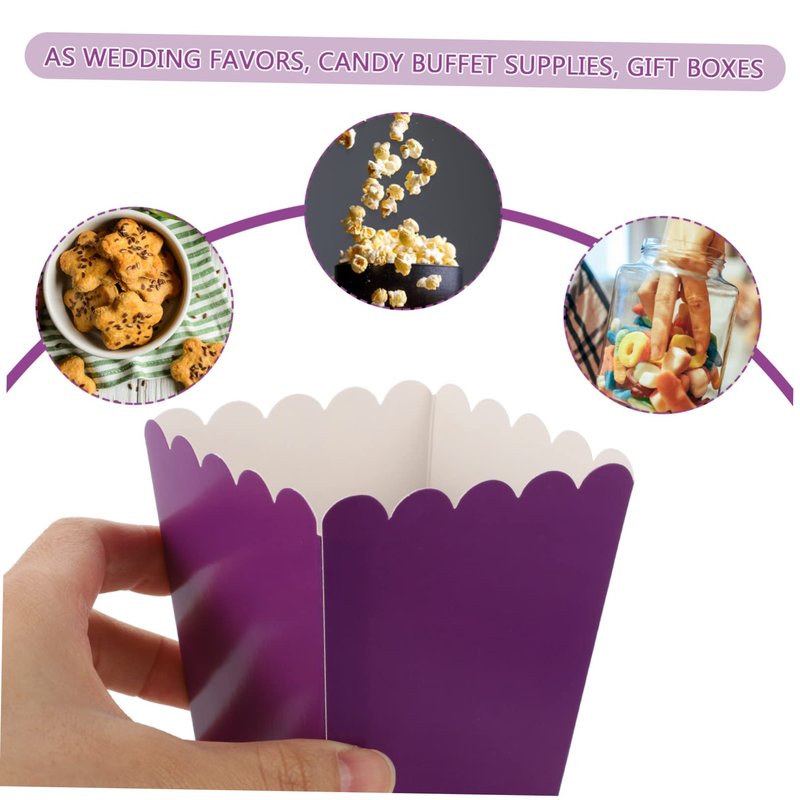 UPKOCH 50pcs Purple Popcorn Boxes, 10.7x7.5cm Snack Containers for Movie Theater/Candy Buffet, 250g Cardboard Party Favors Bulk for Wedding/Home Theater/Carnival