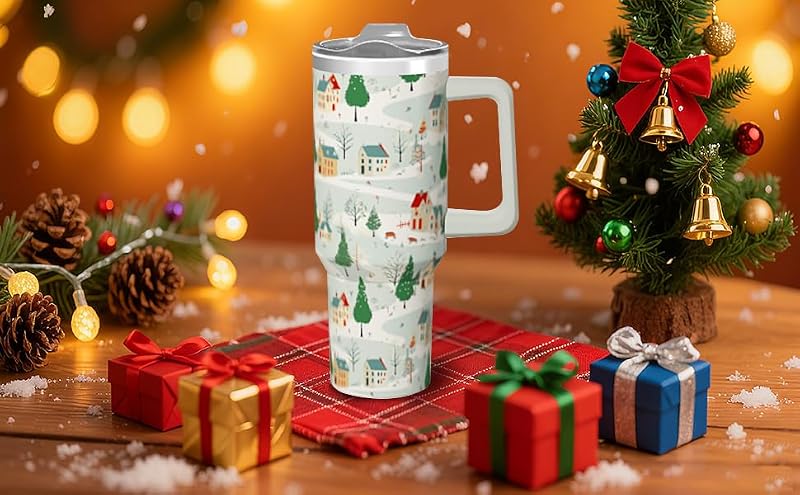 40oz Winter Village Tumbler with Handle & Straw - Insulated Mug, Holiday Gift